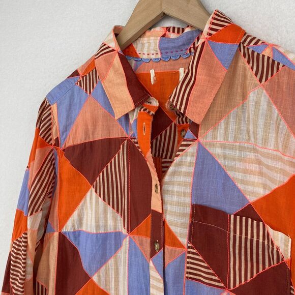MAEVE ANTHROPOLOGIE Top L Patchwork Shirt Button Front Roll Tab Sleeve Pink Blue - Picture 4 of 16